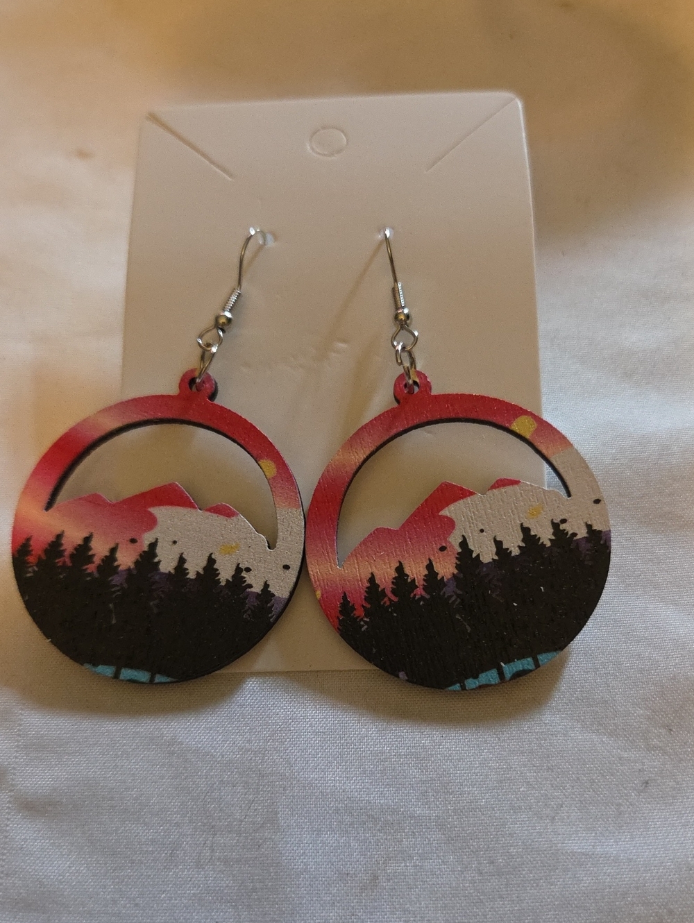Wooden Mountain Sunset Dangle Earrings - Pink and Black